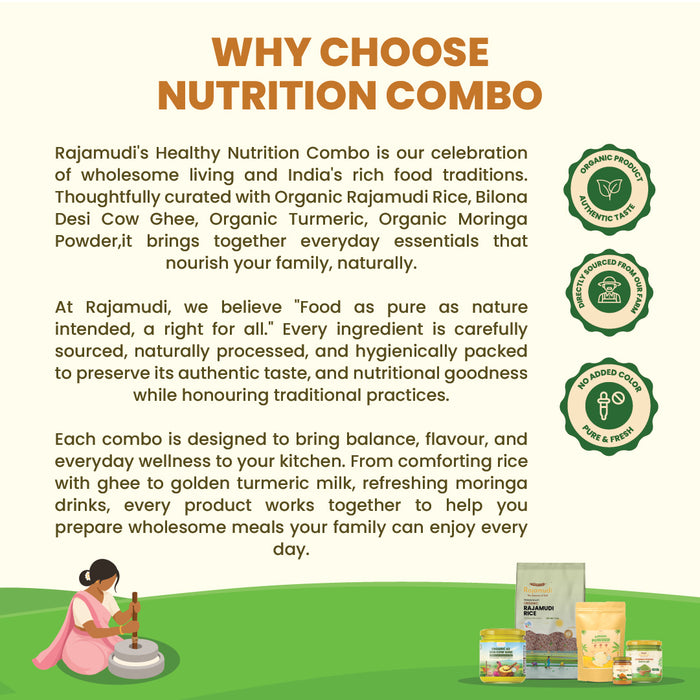 Rajamudi Organic Wellness Combo – Moringa, Banana & Turmeric Powder, A2 Gir Cow Ghee, Rajamudi Rice (Pack of 5) - Rajamudi