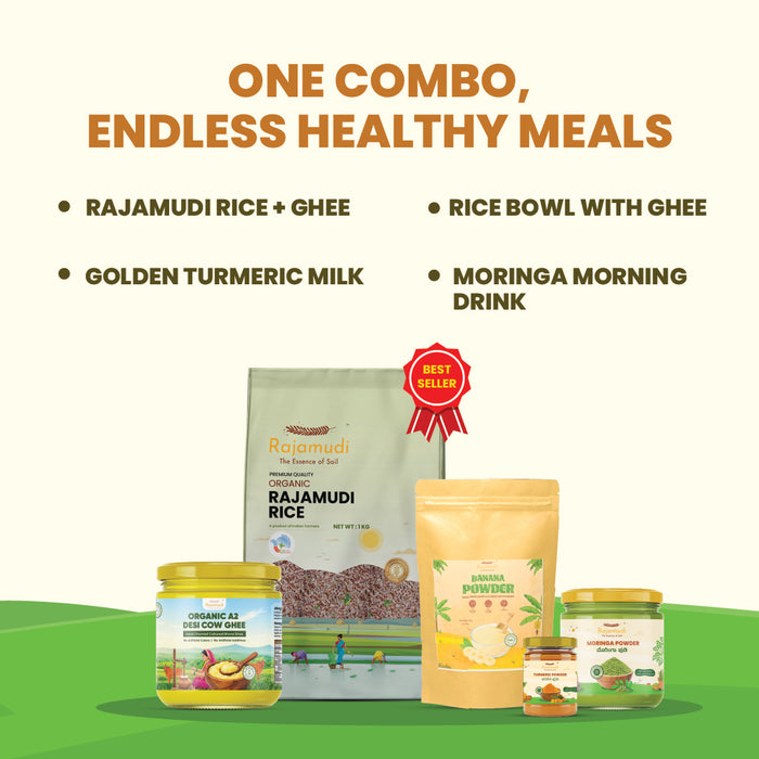 Rajamudi Organic Wellness Combo – Moringa, Banana & Turmeric Powder, A2 Gir Cow Ghee, Rajamudi Rice (Pack of 5) - Rajamudi