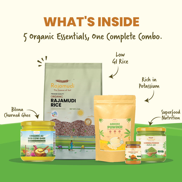 Rajamudi Organic Wellness Combo – Moringa, Banana & Turmeric Powder, A2 Gir Cow Ghee, Rajamudi Rice (Pack of 5) - Rajamudi