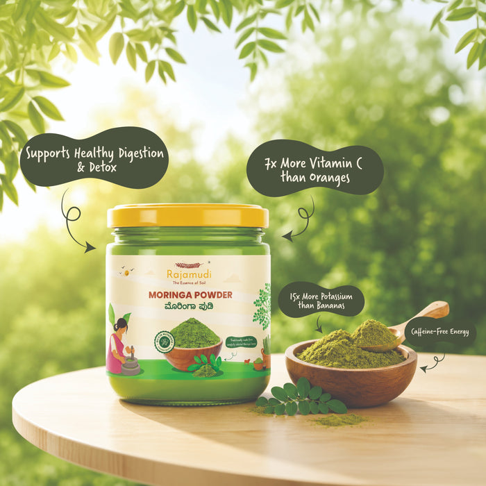 Jar of Rajamudi Moringa Powder with green leaves and a natural background
