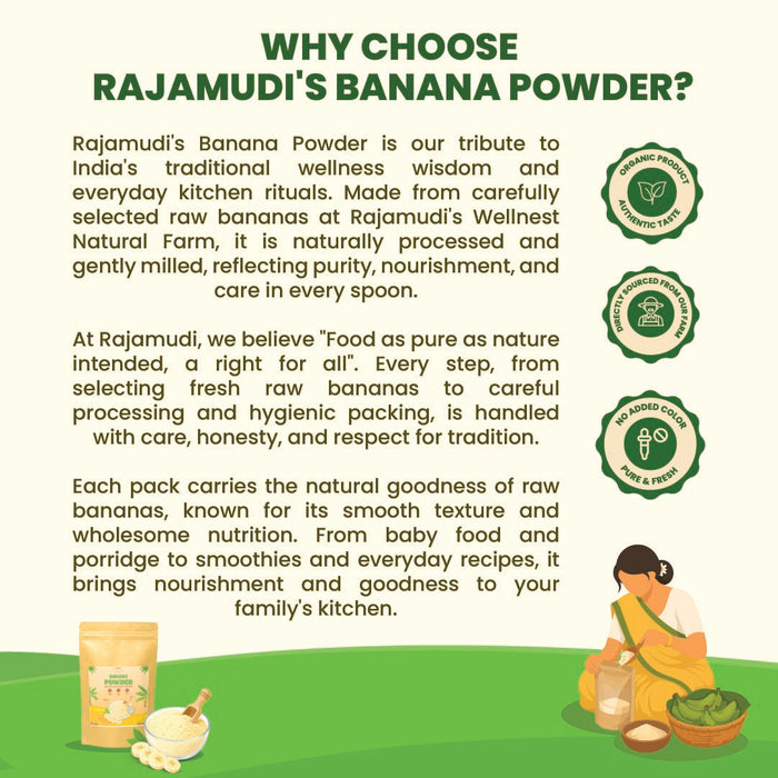 Rajamudi Organics Banana Powder (200 g)| 100% Natural, Sun-Dried, No Preservatives | NPOP & USDA Organic Certified | Superfood |  Food For Baby |  Smoothies & Baking